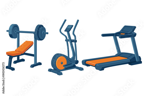 Fitness Equipment Set: Bench Press, Elliptical, and Treadmill Illustrator