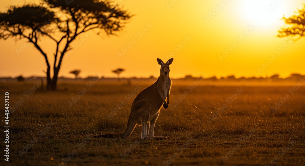 Naklejka premium Kangaroo Standing in Field at Sunset in Warm Light
