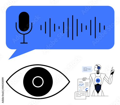 Microphone with soundwave in speech bubble, robotic figure analyzing documents, and eye icon. Ideal for AI innovation, voice recognition, visual data, robotics, automation, tech education simple