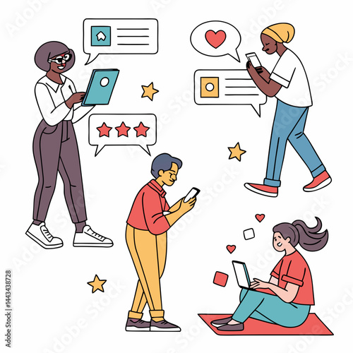 Four stylized cartoon characters, representing different ages and ethnicities, interacting digitally.