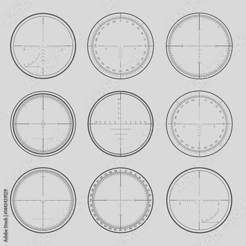 Set of military design elements - crosshair sniper scopes isolated on grey background. Vector illustration.