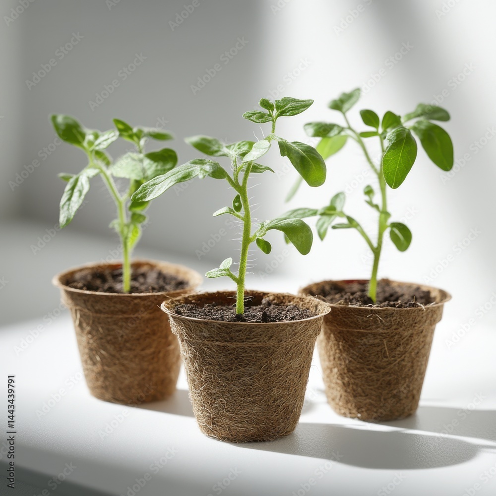Three young green seedlings in biodegradable pots, symbolizing growth and sustainability. Three young green seedlings in biodegradable pots, symbolizing growth and sustainability.