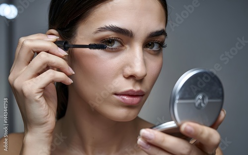 A woman applies mascara, enhancing her natural beauty while looking in a small compact mirror 
