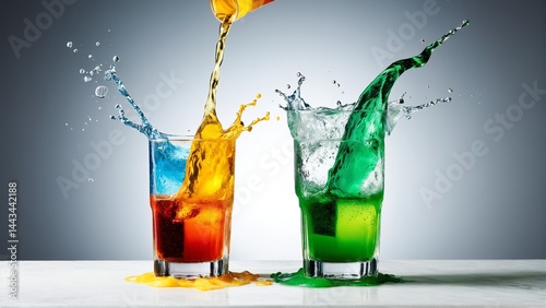 Colorful Concoctions: A vibrant display of liquids colliding and creating splashes in clear glasses, showcasing motion and dynamic energy.