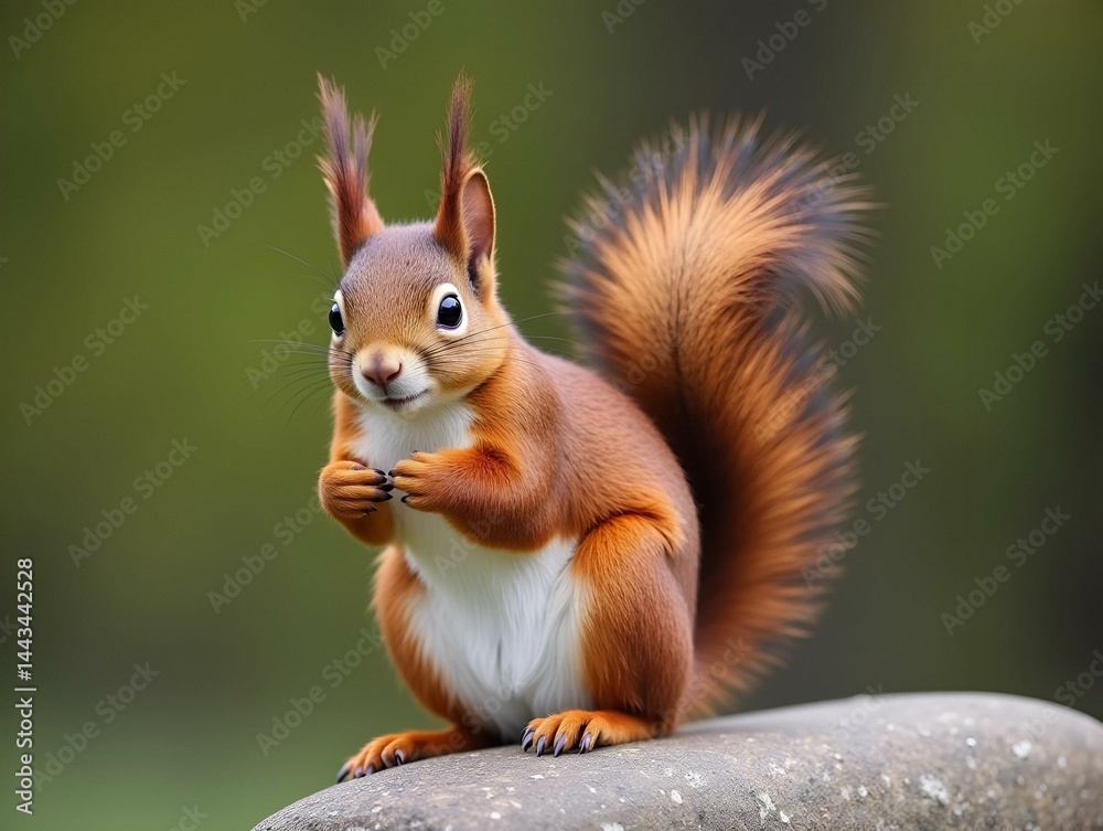 A full-length portrait of a red squirrel with a fluffy tail, who sits on a large stone and presses her left paw to her chest, looking curiously at the camera. A full-length portrait of a red squirrel with a fluffy tail, who sits on a large stone and presses her left paw to her chest, looking curiously at the camera.