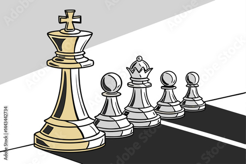 103 Chess pieces, king on top, pyramid formation, gold and silver, black and white, metallic sheen, symbolic hierarchy, strategic arrangement, contrast, power dynamic, game strategy, leadership concep