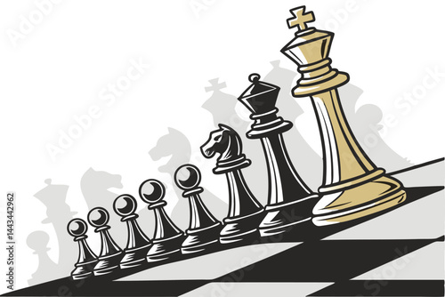 103 Chess pieces, king on top, pyramid formation, gold and silver, black and white, metallic sheen, symbolic hierarchy, strategic arrangement, contrast, power dynamic, game strategy, leadership concep