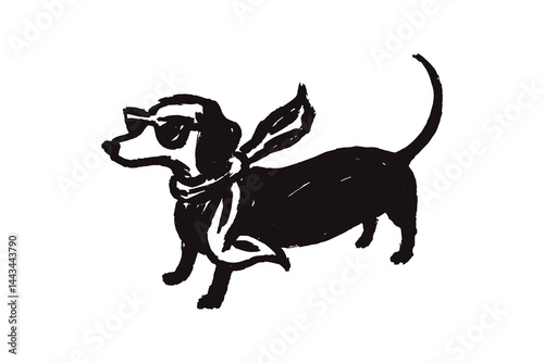 Dachshund with scarf and sunglasses — ink brush sketch style