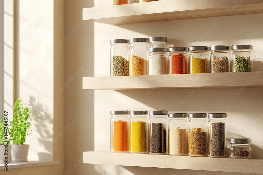 Organized Kitchen Spices Herbs and Grains in Glass Jars on Wooden Shelves Organized Kitchen Spices Herbs and Grains in Glass Jars on Wooden Shelves