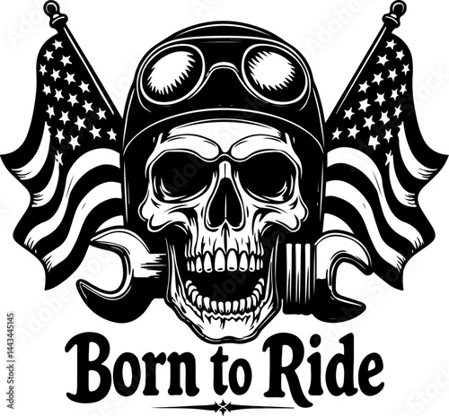 Born to Ride Biker Skull with American Flag vector