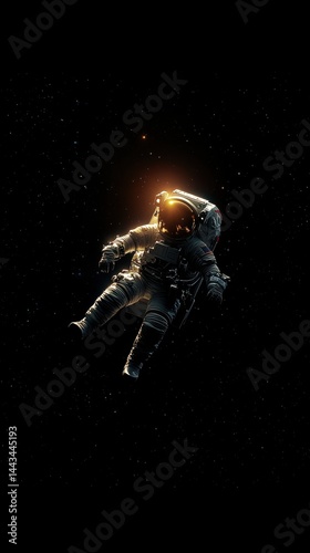 A solitary astronaut floats through the cosmos, surrounded by a sea of stars and distant galaxies, bathed in golden light.