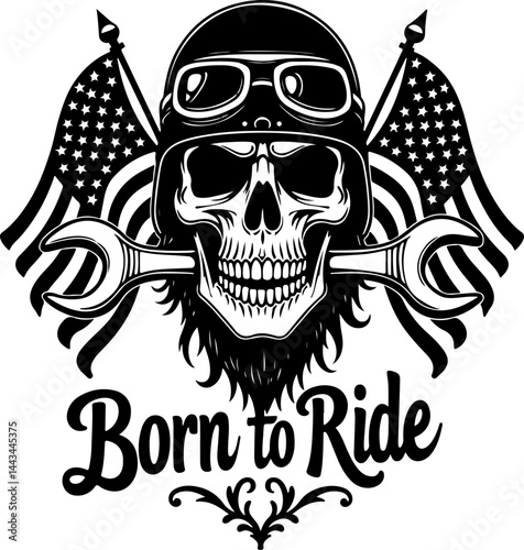 Born to Ride Biker Skull with American Flag vector