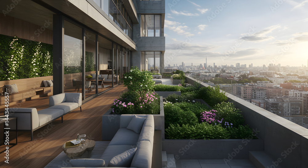 Fototapeta premium Luxurious Rooftop Garden With Panoramic City Views At Sunset