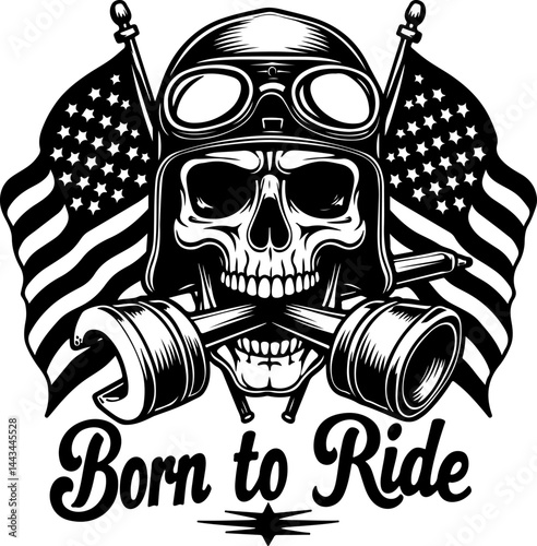 Born to Ride Skull and American Flags Vector