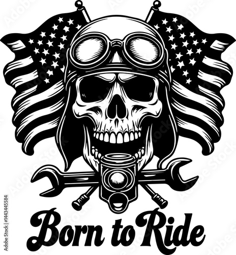 Born to Ride Biker Skull with American Flag vector