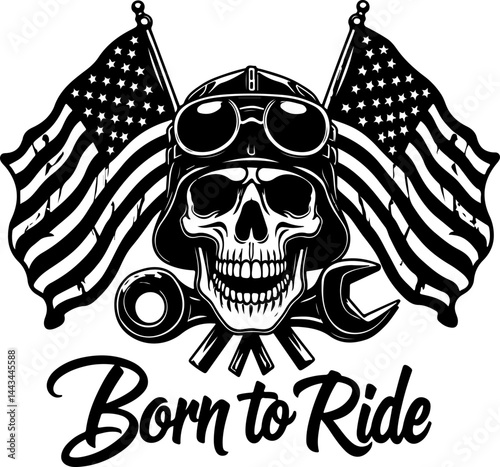 Born to Ride Biker Skull with American Flag vector