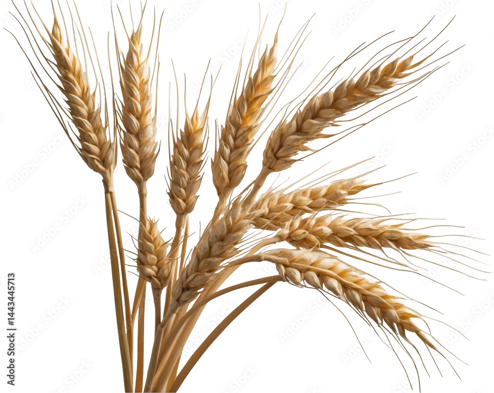 Fototapeta premium Golden Wheat Heads with Long Awns Against Plain Backdrop Showcasing Harvest Season's Beauty and Agricultural Abundance, Ideal for Grain Production Illustrative Purposes