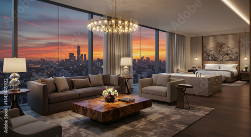 Luxury Penthouse Suite At Sunset With Breathtaking City Skyline View
