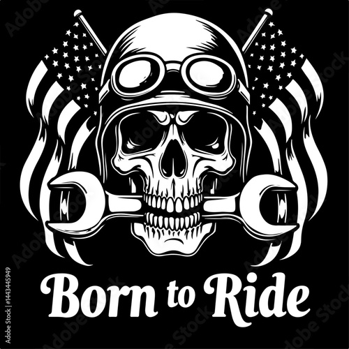 Born to Ride Skull and American Flags Vector