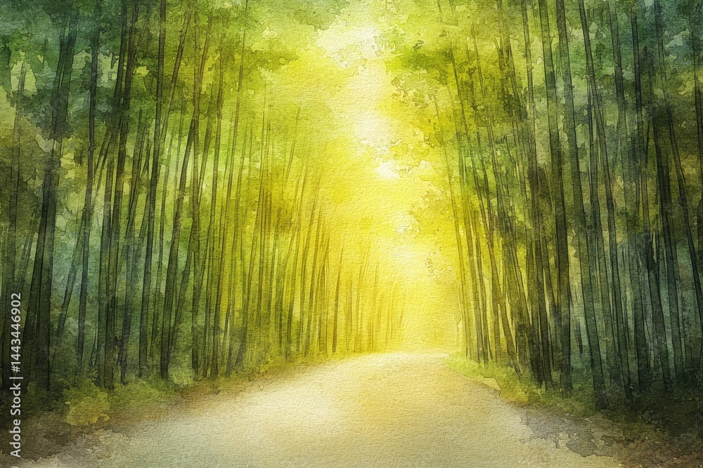 Naklejka premium Serene Bamboo Forest with Soft Light and Tranquil Pathway