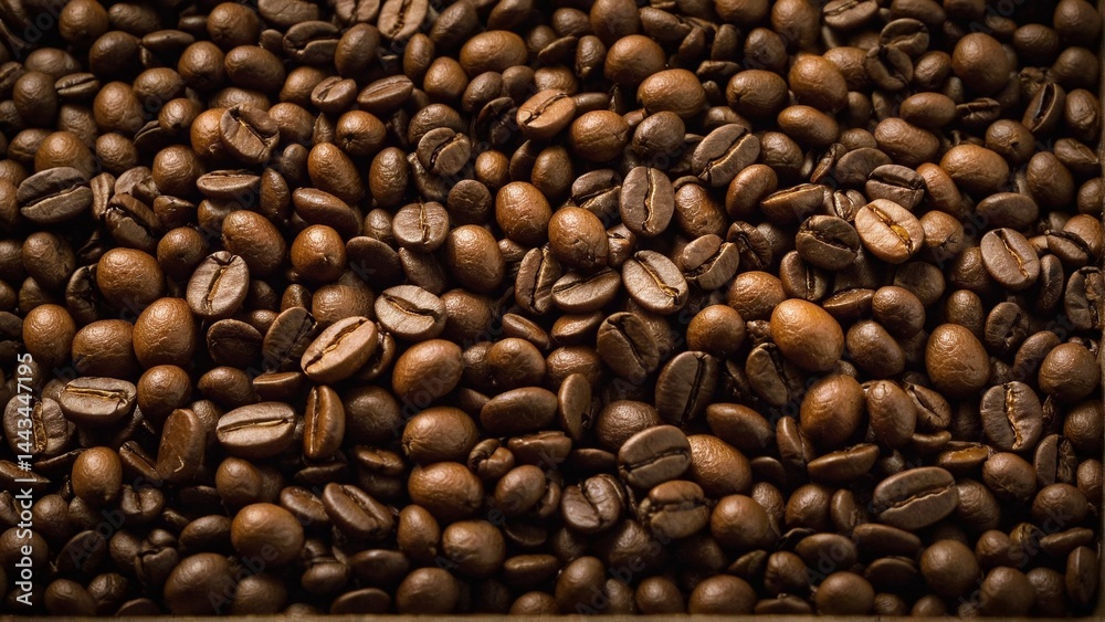 Fototapeta premium Roasted Arabica: An Abundance of Rich, Brown Coffee Beans, Ready for Grinding to Brew the Perfect Cup of Wake-Up Delight.
