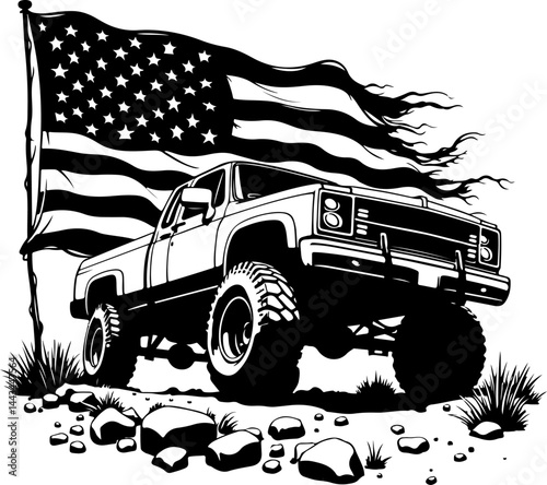 Off-Road Pickup Truck with American Flag