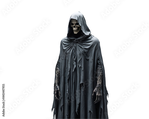 Obraz na płótnie Grim Reaper Portrait, A Phantom Figure Cloaked in Tattered Garments Emerges from the Shadows, Embodiment of Mortality and the Macabre, Casting a Chill w salonie