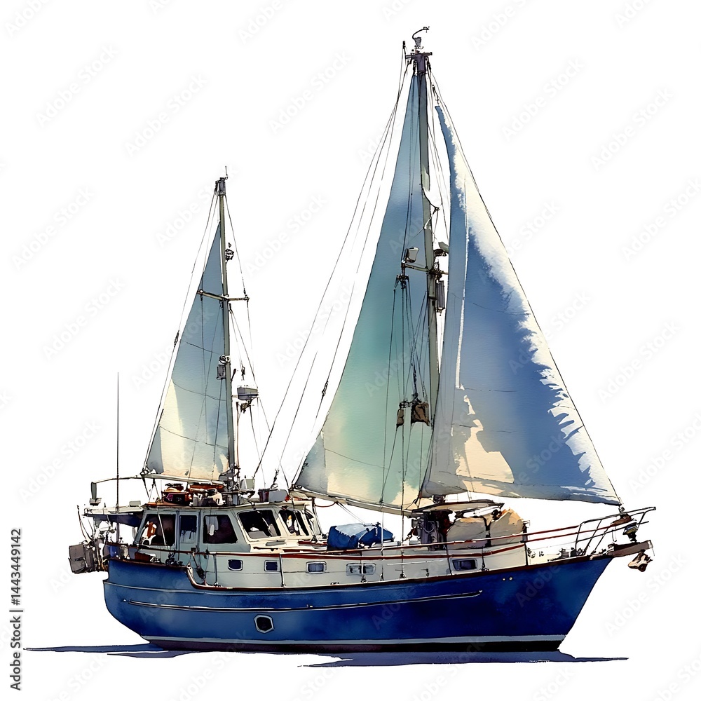 Obraz premium Blue sailboat with white sails, isolated on white. Sailing vessel on open water