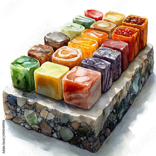 watercolor of Soap Bar With Marbled Gemstones, vector, isolated on a white background.