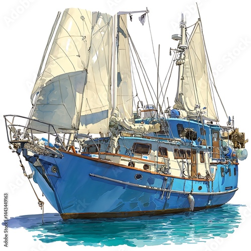 A detailed illustration of a blue sailboat with white sails, docked on water