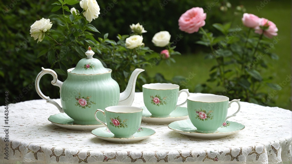 Fototapeta premium Elegant Mint Green Tea Set Displayed Outdoors Amidst Blooming Roses, Promising a Relaxing and Delightful Afternoon Tea Experience.