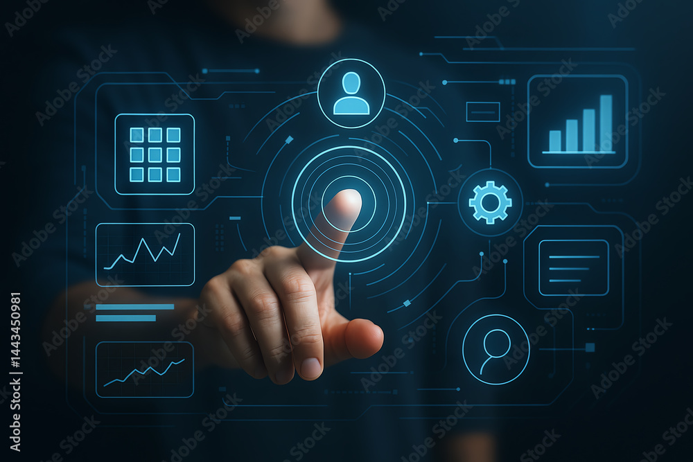A close-up view of a person interacting with digital interface elements