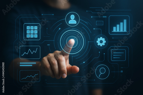 A close-up view of a person interacting with digital interface elements