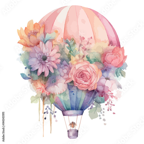 Floral Hot Air Balloon Illustration Vector Watercolor Clipart