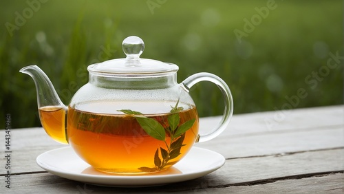 A Refreshing Moment: Herbal Tea Infusion in a Glass Teapot on a Rustic Wooden Table, Surrounded by Nature.