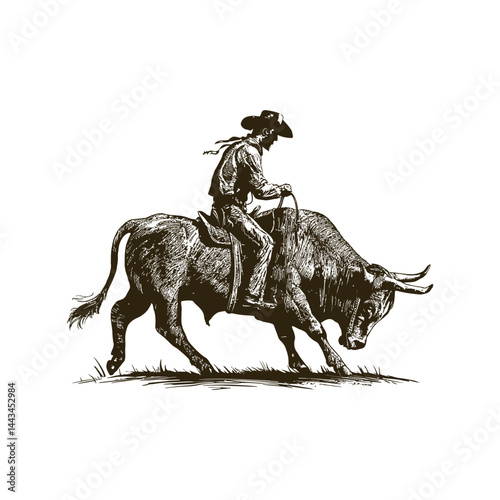 Vintage engraving woodcut bull rider retro vector illustration art design