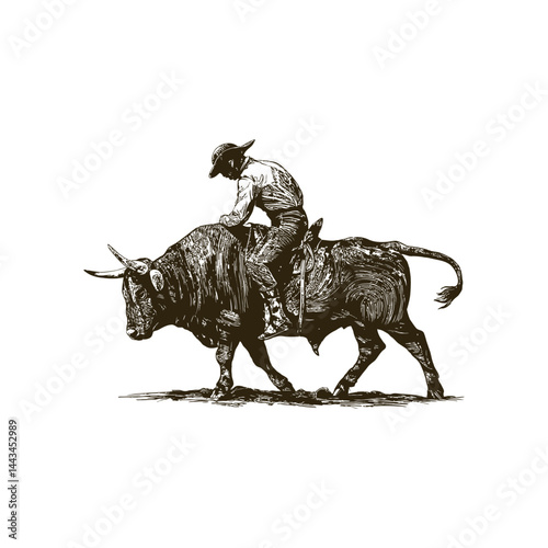 Vintage engraving woodcut bull rider retro vector illustration art design