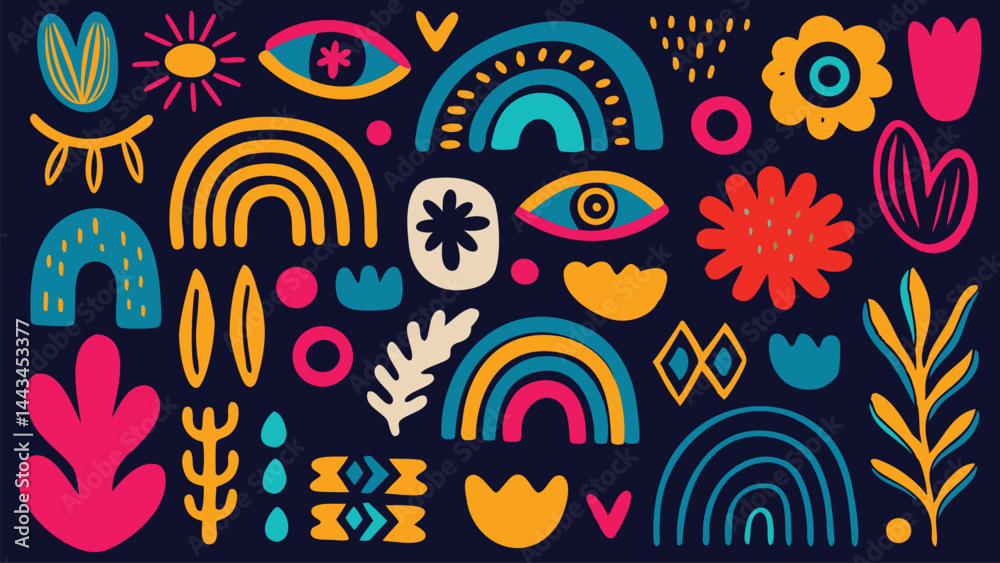 Naklejka premium Funky Rainbow and Eye Pattern Doodle