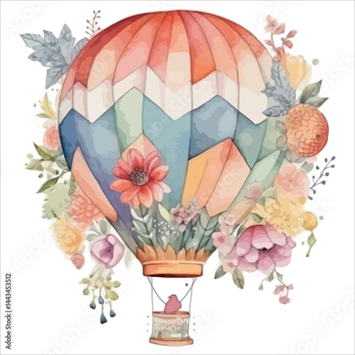 Floral Hot Air Balloon Illustration Vector Watercolor Clipart