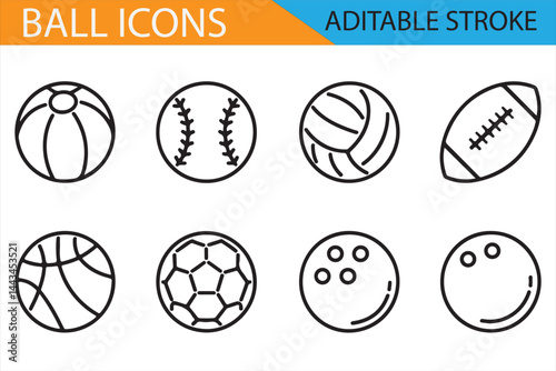 Collection of Various Ball Icons, Including Soccer, Basketball, Volleyball, and Football Illustrations, Editable Stroke Style