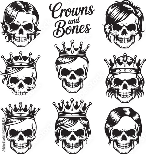 Silhouette Collection of Skull Icons with Crowns, Edgy Crowns and Bones Design for Rebel, Gothic, and Tattoo Themes