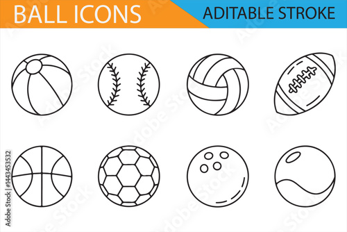 Vector Set of Sports Ball Icons with Editable Stroke for Customization