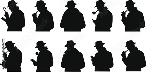 Silhouette Collection of Detective Characters with Magnifying Glass, Pipe, and Hat, Ideal for Mystery, Investigation, and Detective Themes