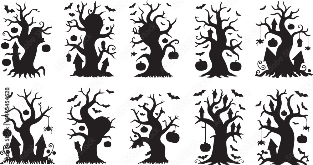 Illustration of Halloween Tree Icon with Pumpkins, Bats, and Spooky Elements Silhouette Vector for Holiday, Fall, and Spooky Designs Illustration of Halloween Tree Icon with Pumpkins, Bats, and Spooky Elements Silhouette Vector for Holiday, Fall, and Spooky Designs