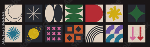 Abstract geometric forms. Brutalist shapes, trendy Y2K signs.