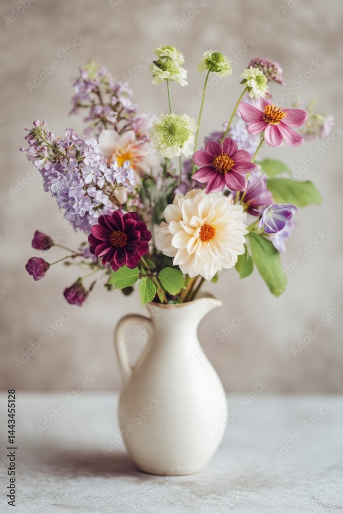 custom made wallpaper toronto digitalVibrant bouquet of assorted flowers in a white ceramic pitcher, showcasing a mix of colors and textures, creating a cheerful and inviting atmosphere for any setting