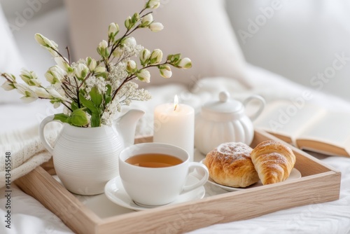 Wallpaper Mural Cozy breakfast tray featuring a cup of tea, fresh pastries, a candle, and a vase of flowers, creating a serene and inviting morning atmosphere for relaxation Torontodigital.ca