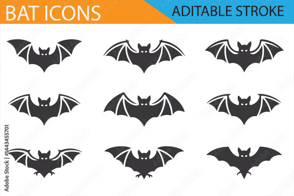 Naklejka premium Halloween Bat Icons Set with Editable Stroke for Dark and Mysterious Designs