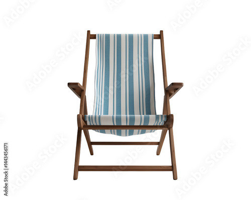 Isolated beach chair with a classic striped fabric, perfect for summer vibes, relaxation, and vacation-themed designs adding a touch of coastal charm and comfort