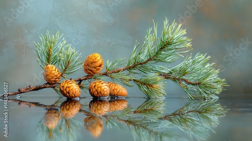 Pine branch with cones, reflected